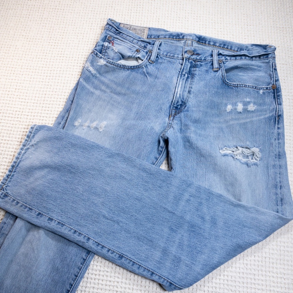 Polo Ralph Lauren Distressed Light Wash Blue Denim Jeans Mens 33x32 Straight Leg